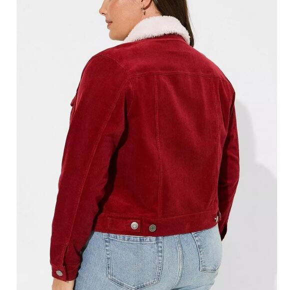 Torrid Corduroy Sherpa Lined Trucker Jacket Rhubarb Red Plus Sz 3X EUC Stunning - Picture 2 of 14